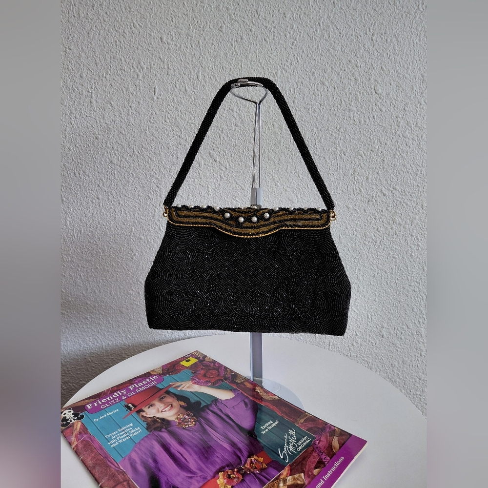 MC 1950s Ed B.Robinson Womens Black Handbeaded Pearl Sparkle Evening Handbag GBR